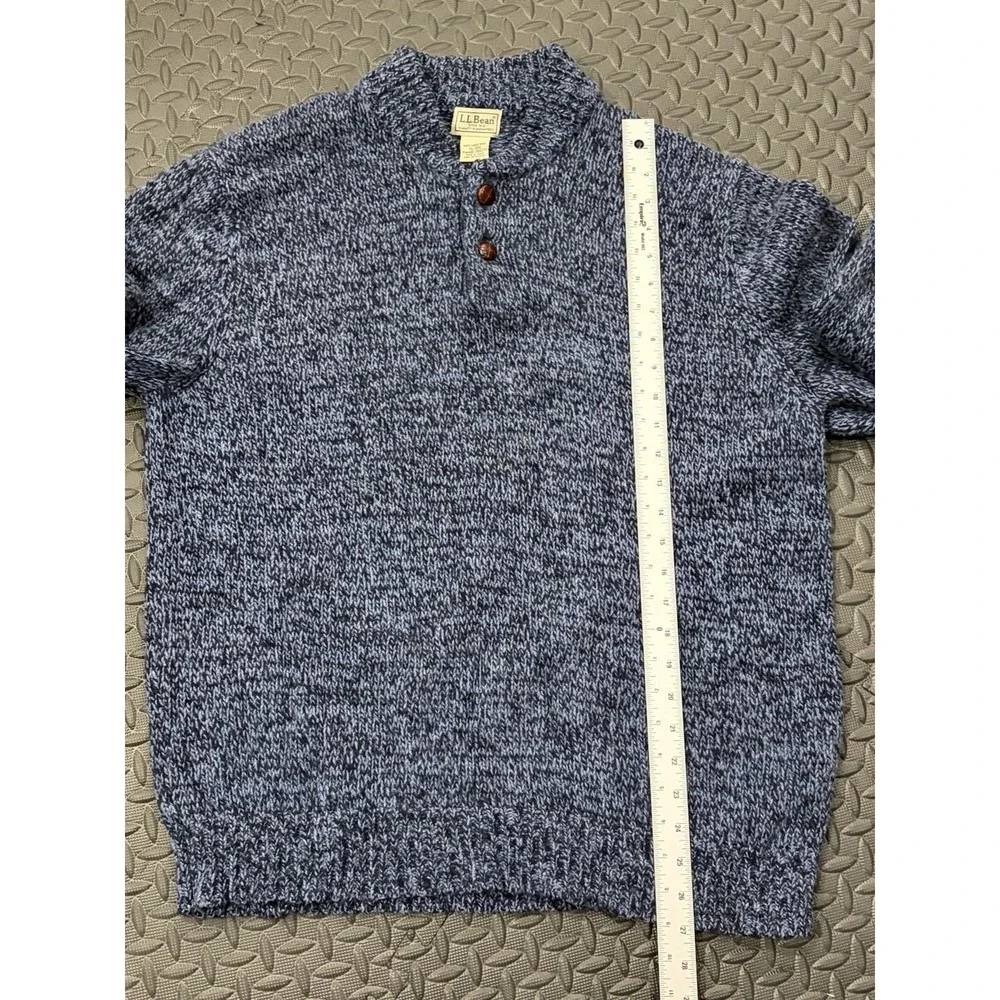 LL Bean Mens XL Henley Sweater Blue Knit 100% Lambswool Fisherman Chunky Buttons
